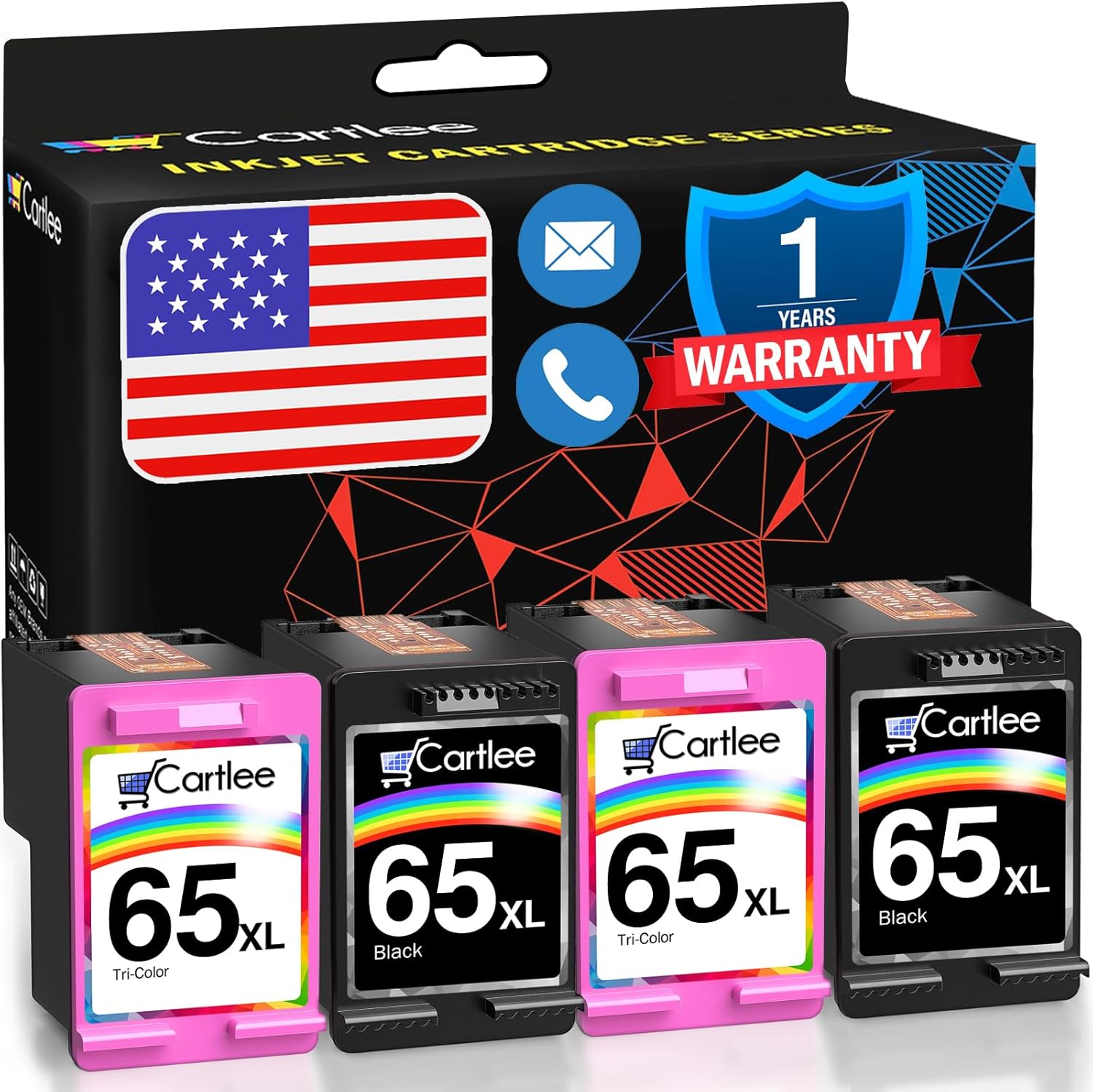 Cartlee 4 Pack Remanufactured 65XL 65 XL High Yield Ink Cartridges for HP DeskJet 2600 2622 2635 2652 2655 3700 3720 3722 3752 3755 Envy 5000 5052 5055 AMP 100 Printer Series Black and Color Combo