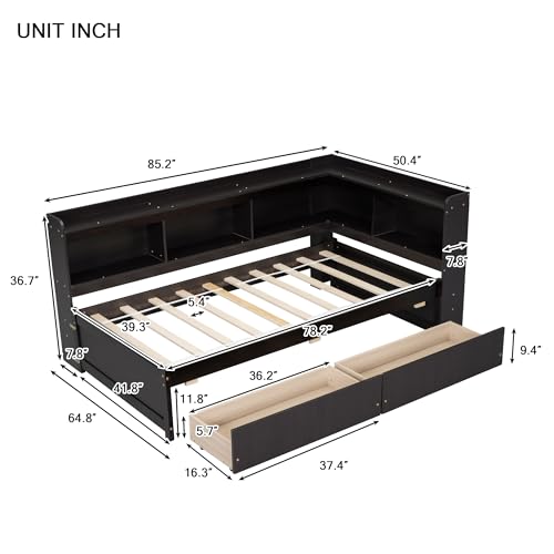 Twin Size Daybed Wooden Day Bed Frame with 2 Drawers and L-Shaped Bookcases, Twin Bed Frame for Kids, Boys, Girls & Teens, No Box Spring Needed, Grey