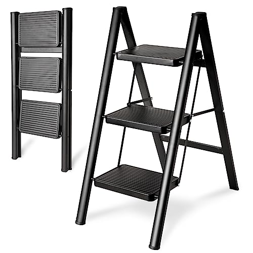 Double Elite 3 Levels Adjustable Folding Step Stool, Safer Metal Step Stools for Kids/Adults/Elderly, Kitchen RV Step Stool Heavy Duty, Small Stepping Stool Bed Bathroom,Foldable Foot Stool under Desk