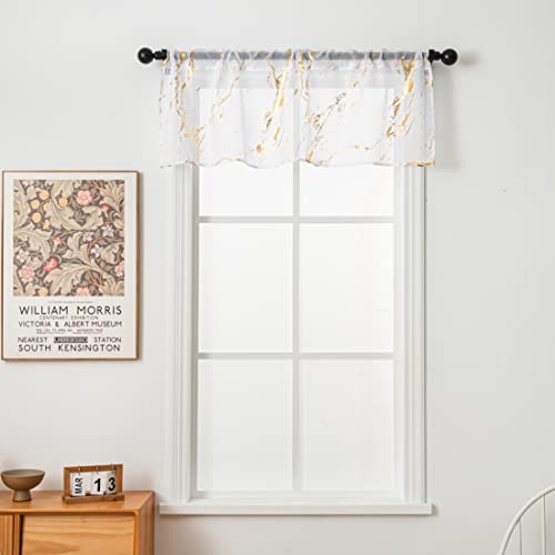 Sutuo Home Marble Sheer Curtains 63 Inch Length 2 Panels Set, Gold Foil Print Metallic Bronzing, Privacy Window Treatment Abstract Drape Pair for Bedroom Kitchen Living Room 52