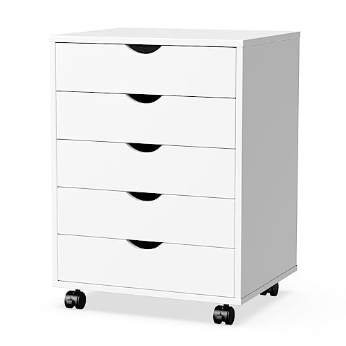 File Cabinet with 5 Drawers Printer Stand Wooden Storage Cabinet with Wheels Mobile Organizer Drawer Cabinet Display Decoration Cabinet Suitable for Home and Office (White)