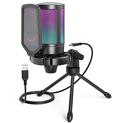 FIFINE USB Gaming PC Microphone for Streaming Podcasts, AmpliGame RGB Computer Condenser Desktop Mic, Cardioid Pattern for YouTube Video, Plug and Play on PS4 PS5, with Quick Mute, Mic Gain-A6V Pink