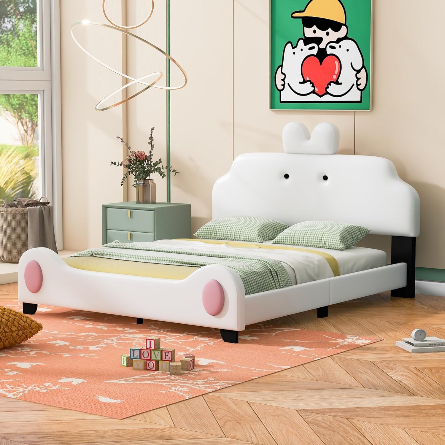 Kids Full Platform Bed with Cartoon Cute Headboard and Footboard Upholstered Size Frame Wooden Slats Support White Modern Contemporary Vintage Girls Space Wood Finish
