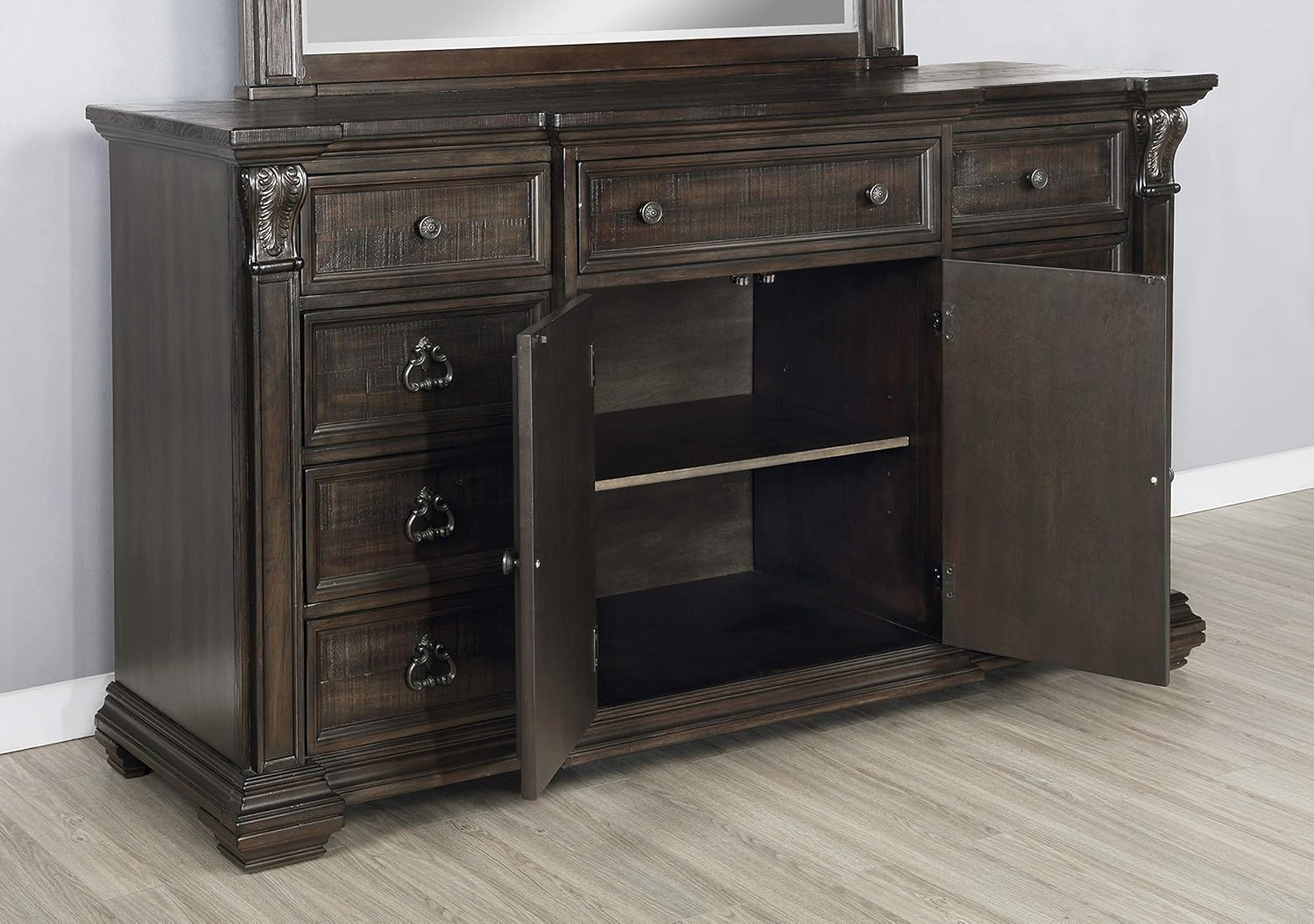 Roundhill Furniture Farson Wood Dresser Mirror with Door, Distressed Dark Walnut