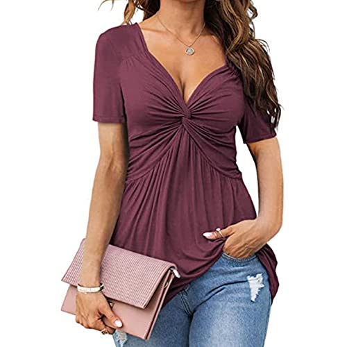 SMIDOW Womens Sexy Twist Front v Neck Tops Elegant Summer Short Sleeve Shirts Solid Pleated party office Blouse