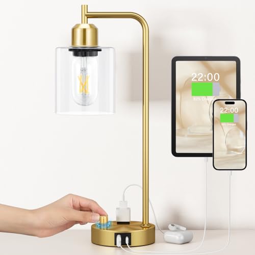 Innqoo Gold Lamp for Bedroom - Industrial Bedside Table Lamp with USB Port and Outlet, Fully Dimmable Nightstand Lamp with Opal Glass Shade, Small Desk Lamps for Home Office