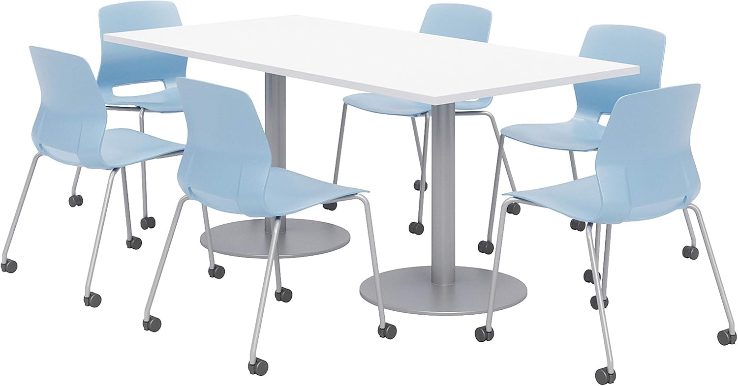 Lola Series Dining Set, Designer White Table, Sky Blue Caster Chairs