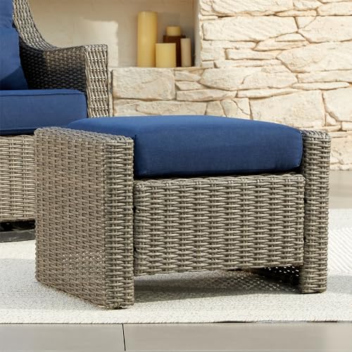 CHITA Patio Wicker Ottoman, Outdoor Rattan Footrest with Removable Cushion and Adjustable Foot Levelers for Backyard, Balcony, Apartment or Porch, Blue Cushions with Chestnut Wicker