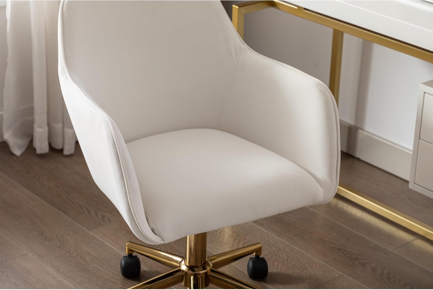 Modern Velvet Fabric Material Adjustable Height 360 revolving Home Office Chair with Gold Metal Legs and Universal Wheels for Indoor,Ivory