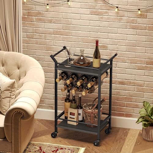 Bar Cart, Home Bar Serving Cart, Kitchen Cart, Small Bar Cart Black with Wine Rack, Beverage Cart, Cocktail Bar Cart for Home Party, Living Room, Kitchen, Rustic Brown and Black BC05BR