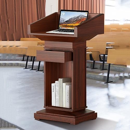 Lectern Podium Stand,Podium Stand Wood, Floor Standing Podium, Speaking Lectern Reception Desk,Church Pulpit W/Storage Shelf and Drawer, Ideal for Speakers Conference Auditorium Church