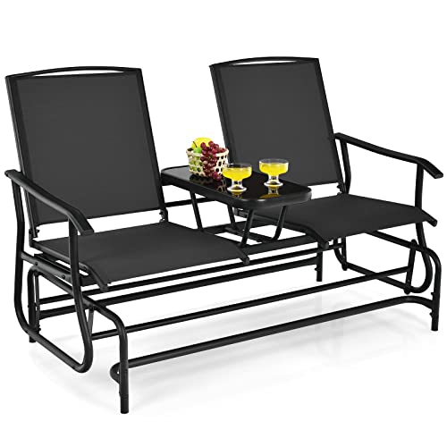Tangkula 2 Person Swing Glider Chair, Patio Rocking Loveseat w/Center Tempered Glass Table, Outdoor Swing Bench w/Steel Frame & Breathable Mesh Fabric for Porch, Balcony, Poolside (Black)