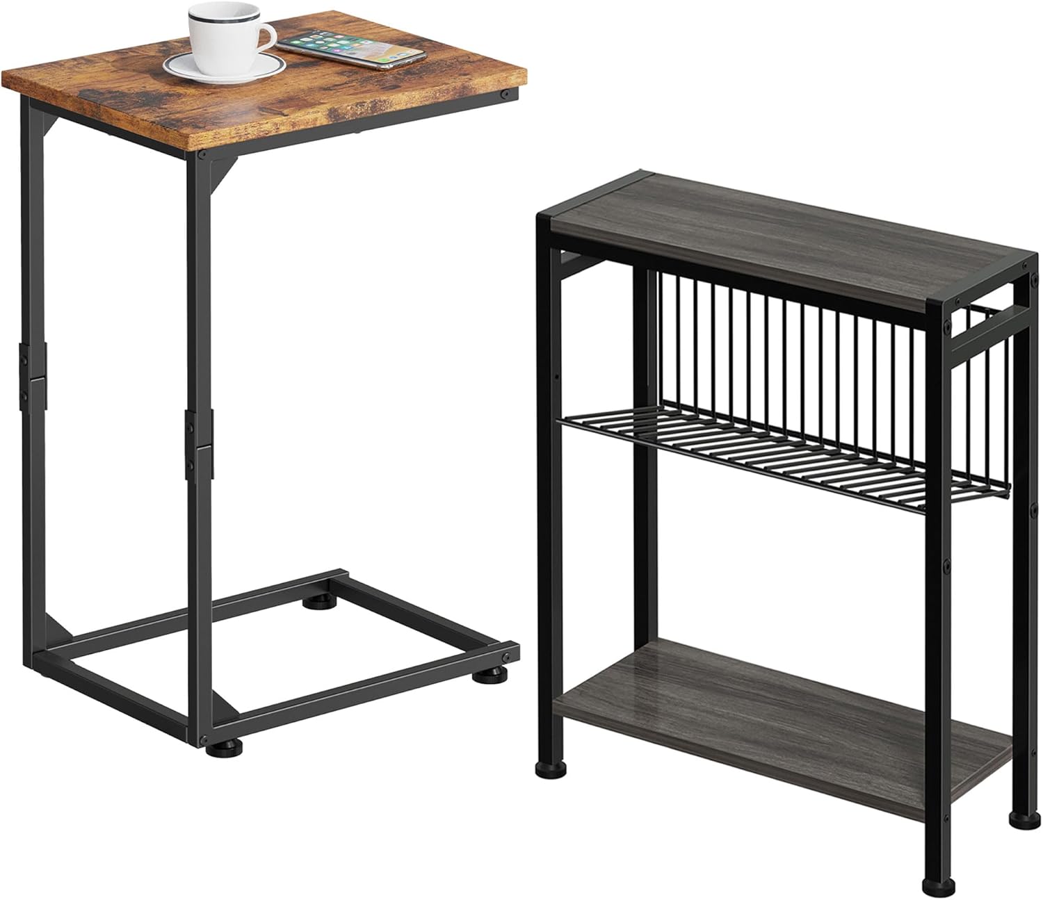 C Shaped End Table, Small Side Table for Couch (Rustic Brown and Black) & Small End Table for Small Space (Grey)