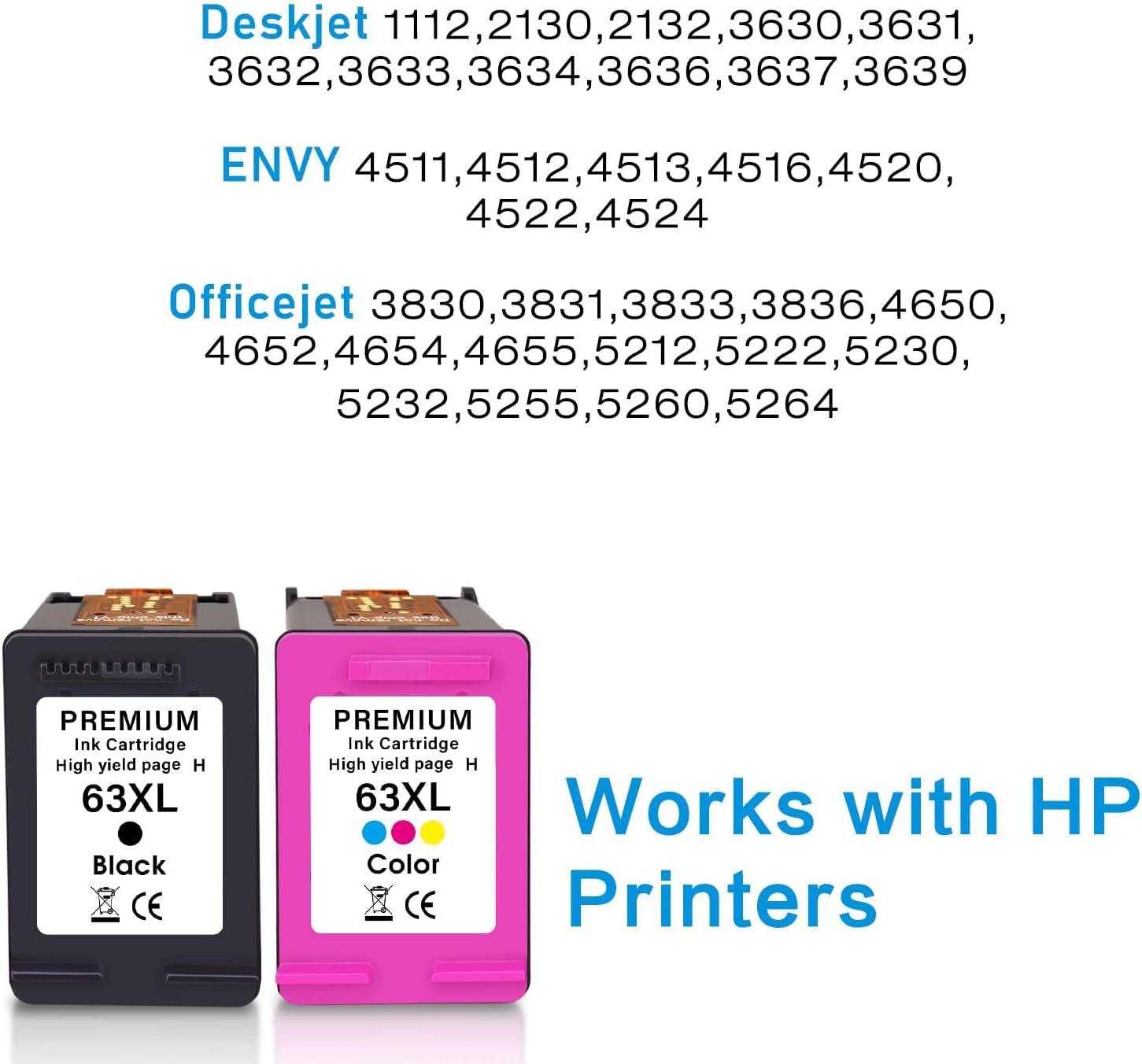 63 XL High Yield Ink Cartridge Combo Pack Replacement for HP 63 Ink; for HP Envy 4520 4512 4516； Officejet 3830 4650 4655 5200 5255 5252 5222；Deskjet 1112 2130 2132 3630 Printer (Black and Tri-Color)