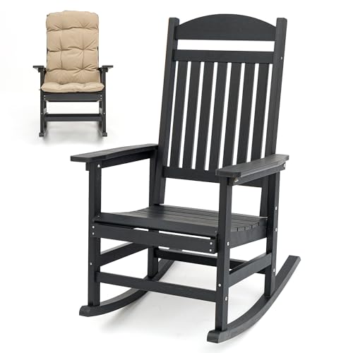 Poly Lumber Outdoor Rocking Chair with Soft and Comfortable Cushion, Durable HIPS Material, All-Weather Resistant, Heavy Duty 700 LBS, for Outdoor, Porch, Patio, Backyard (Black)