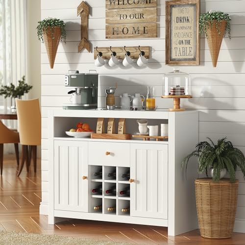 VOWNER Sideboard Buffet Cabinet with 1 Drawer and 2 Doors, Kitchen Storage Cabinet with Open Compartment & Wine Rack, Wood Coffee Bar Cabinet for Living Room and Dining Room (Black)