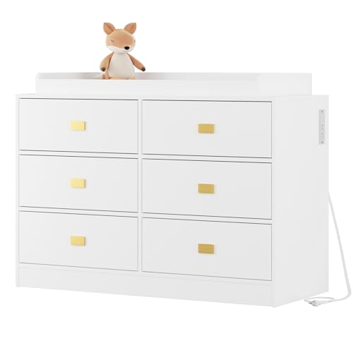Dresser for Bedroom with 6 Drawers, Changing Table Dresser with Power Outlets, Soft Changing Pad & Removable Top, Baby Dresser with Changing Table Top for Nursery, White