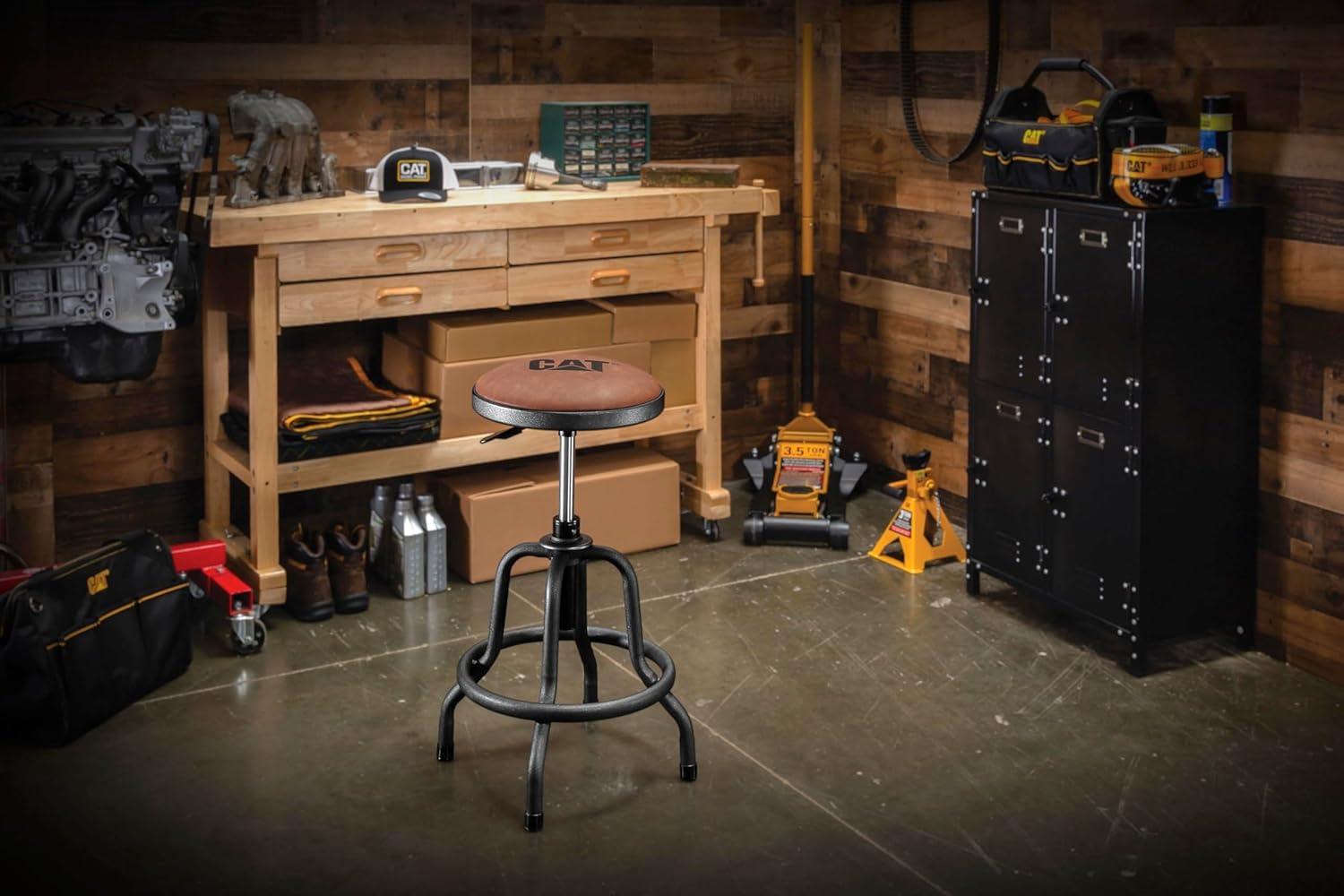 Cat Rustic Designer Shop Stool, Faux-Leather Seat Cushion, Adjustable Height - Brown Black 980841ECE