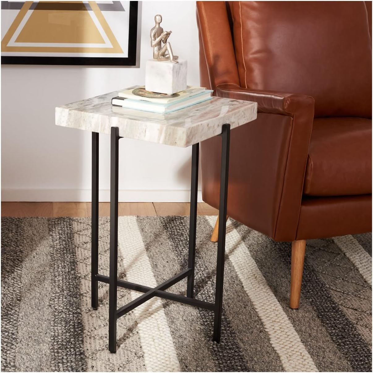 Safavieh Home Tenzin Marble Stone Top Accent Table, Multi Grey/Black