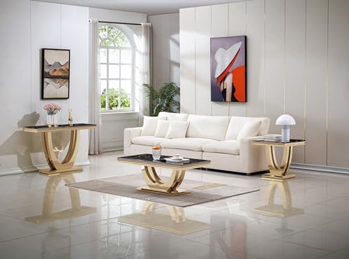 Coffee Table and End Table Sets, 2-Piece Modern Marble Living Room Coffee Table Set includes 1 Coffee Table and 1 End Table,Black Faux Marble Top with Gold Stainless Steel Frame for Living Room