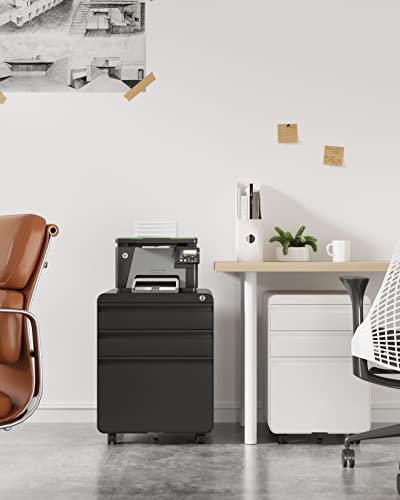 Dripex 3 Drawer File Cabinet, Metal Filing Cabinets with Lock Wheels & Hanging Rail for A4/Legal/Letter File, Anti-tilt Under Desk Design, Lockable Rolling Mobile File Cabinet for Home Office (Blue)