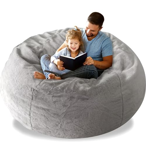 Giant Fur Bean Bag Chair Cover for Adults, (No Filler) Living Room Furniture Big Round Soft Fluffy Faux Fur Beanbag Lazy Sofa Bed Cover (Black, 5FT)