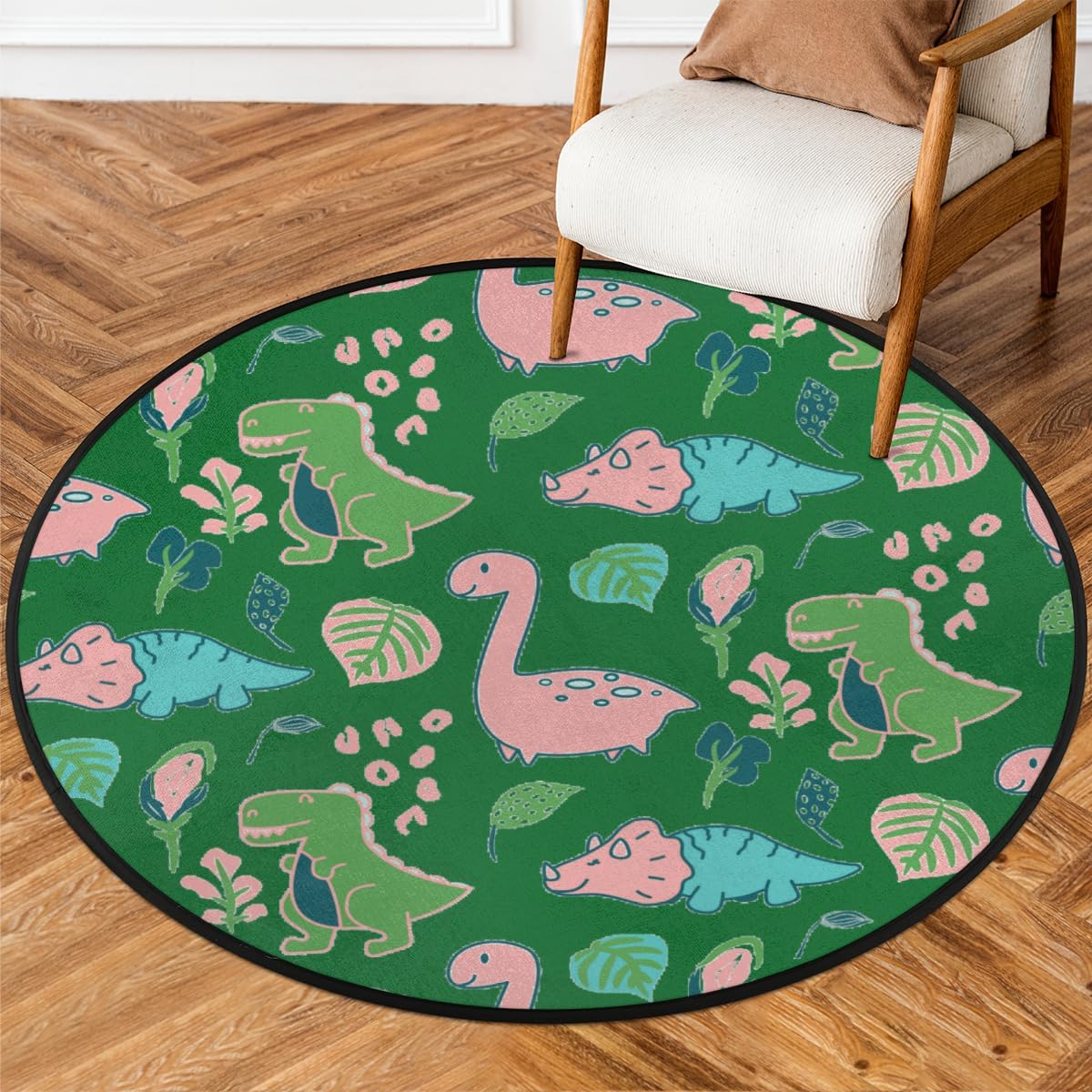 3 Ft Pink Cute Dinosaur Round Desk Chair Mat Non-Slip Soft Desk Floor Mat Washable Floor Mat for Office Living Room Bedrooms Laundry Room Foyer Doorway