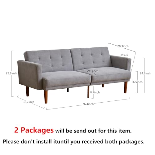 76'' Futon Sofa Bed, Convertible Sleeper Couch Bed, 3 Seater Sleeper Sofa with adjustable backrest, Loveseat Sofa, Futon Couches for living room, Dark Grey Fabric