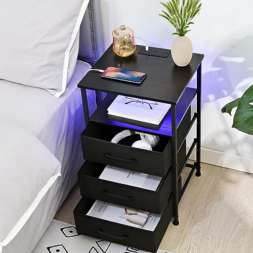 Night Stand Set 2, LED Nightstand with Charging Station, End Tables with Storage Shelf for Living Room, Bed Side Table with 3 Fabric Drawers for Bedroom HNS013GY