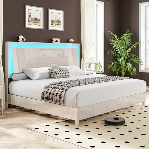 AMERLIFE Full Size Platform Bed Frame with Smart RGBW LED Lights, High Gloss Wooden Bed Frame with Floating Ergonomic Headboard, Slats Support/No Box Spring Needed, White Woodgrain