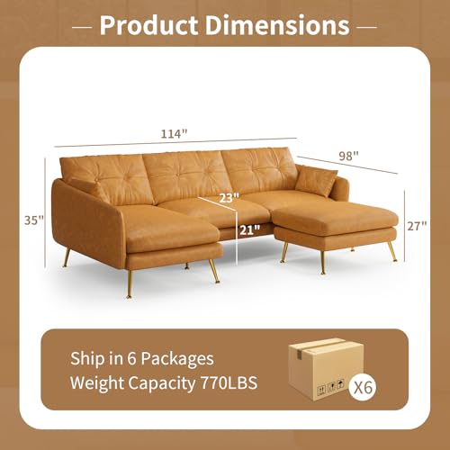 Faux Leather Couches for Living Room, 3 Seater Futon Sofa Bed Sleeper Sofa, Modern Comfy Deep Seat Couch Filling Down and Cotton, Sturdy Legs, Elegant Tan