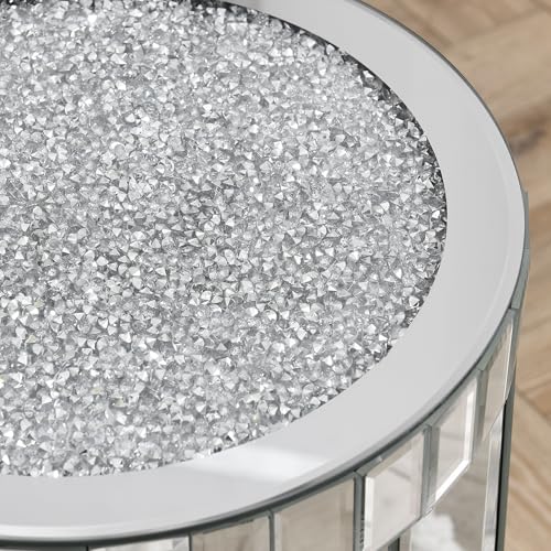 SSLine Modern Mirrored Coffee Table with 2 End Table Luxury 3-Piece Living Room Coffee End Table with Silver Mirror Finish & Shiny Diamond Decor Top 2-Tier Rectangle Center Table and Round Side Table