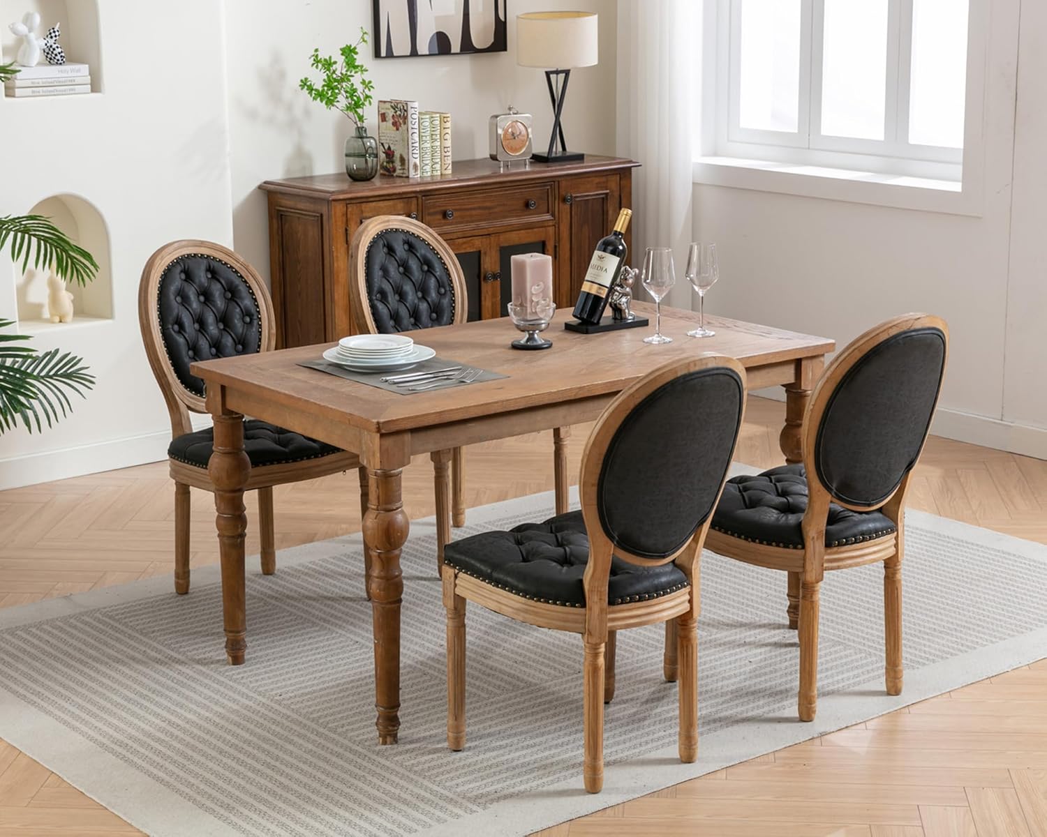 French Style Dining Chairs Set of 4 Solid Wood Frame Vintage Chair PU Leather Country Dining Chairs with Button Backrest for Dining Room Living Room Kitchen Restaurant Black