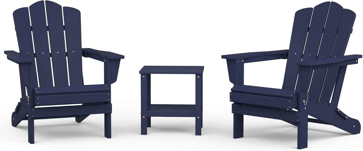 KINGYES Folding Adirondack Chair with Double Layer Side Table 3-Piece Adirondack Chair Set (Including 2 Folding Chairs-Navy and 1 Side Table-Navy)