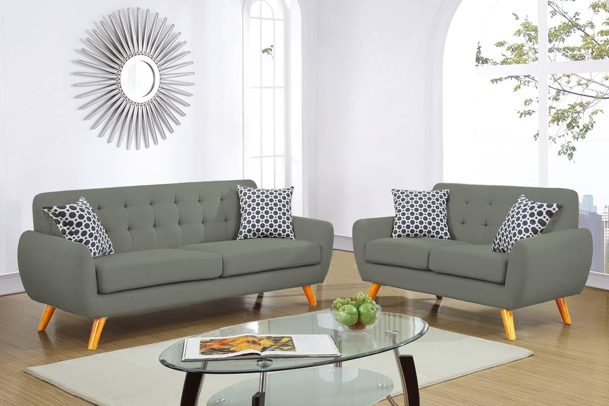 Grey Polyfiber Sofa and Loveseat 2pc Sofa Set Living Room Furniture Plywood Tufted Couch Pillows