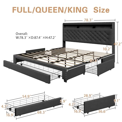 Queen Size Bed Frame with 3 Drawers, 2-Tier Storage Headbord, Bed Frame with Storage, LED Lights and Charging Station, Upholstered Platform Bed Frame, Wood Slats Support (Black, Queen)