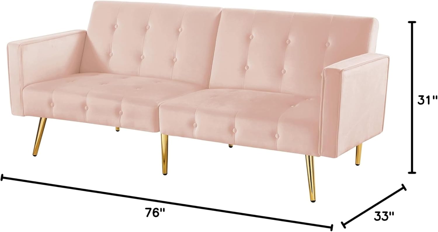 Velvet Button Tufted Sofa Bed with armrest Pink Suitable for Living Room, Bedroom and Office