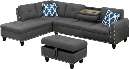 Couch with Ottoman L Shaped Sectional Sofa Set w/Chaise for Living Room, Pearl White Right