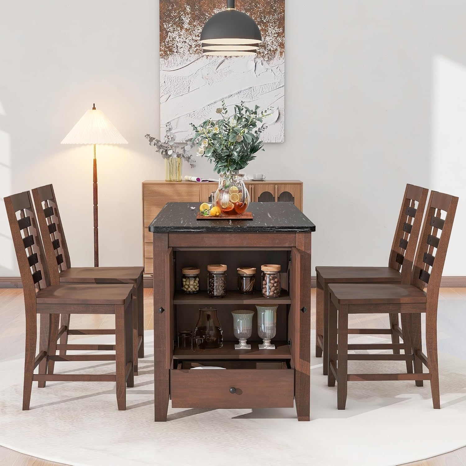 Counter Height Dining Table Set with Marble Tabletop Solid Wood Storage Cabinet and Drawer (Set of 5) Brown