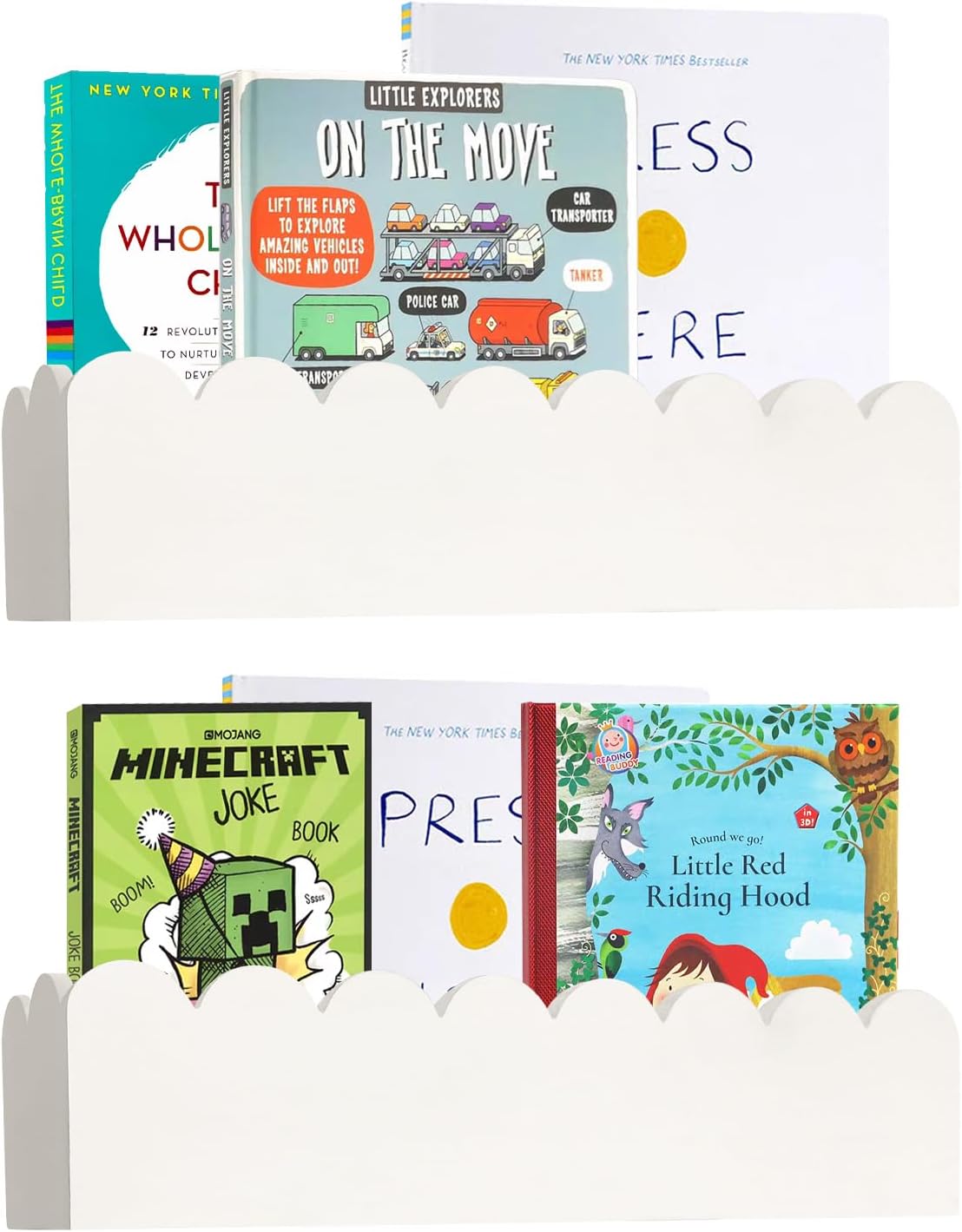 2 PCS Scalloped Shelves Kids Bookshelf Nursery Bookshelf Wooden Kids Bookshelf Kids Floating Shelves Scalloped Edges Bookshelf Montessori Bookshelf White Shelves for Kids Room（White）