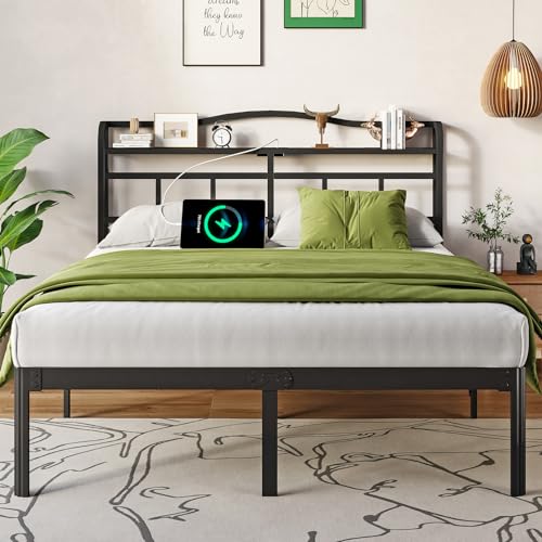 Twin XL Bed Frame - Stylish Platform Bed Frame with Headboard and USB & Type C Charging Station, Heavy Duty Metal Bed Frame No Box Spring Needed with Ample Storage Space - Easy Assembly and Noise Free