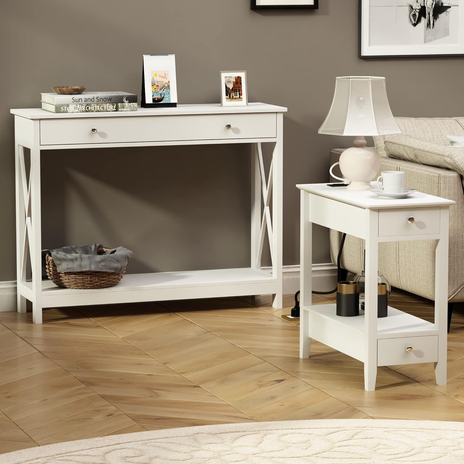 Treocho Console Table & Side Table with Charging Station, Narrow Foyer Oxford Design Sofa Table with Drawers & End Table with Storage, 2-drawer Nightstand with USB Ports & Power Outlet, White