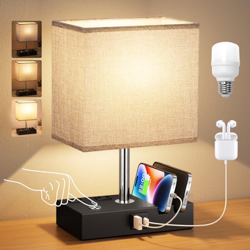 Kakanuo Table Lamp for Bedroom with Dual USB Ports, Beige Fully Dimmable Bedside Lamp with Phone Stands and 2 Charging Outlets, Desk Lamp for Nightstand and Living Room, LED Bulb Included