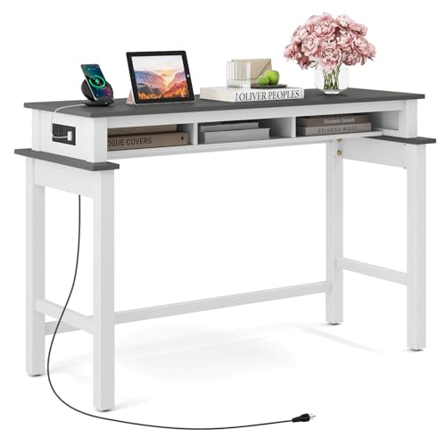 COSTWAY Bar Table with Charging Station, 36” Counter Height Table w/ 3 Storage Compartments, Power Outlets, Modern Farmhouse Console Table for Kitchen, Living Room, Entryway (Black + Walnut)