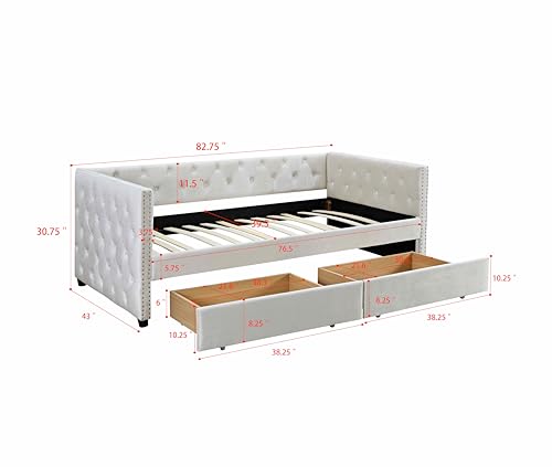 MERITLINE Twin Daybed with 2 Storage Drawers, Velvet Upholstered Twin Size Day Bed Button-Tufted Sofa Bed Frame for Bedroom Living Room Guest Room (Twin, Grey)