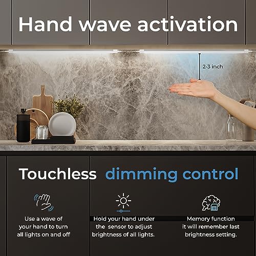 EShine Hand Wave Activated Under Cabinet LED Lighting Kit, Dimmable, 3-Pack 7 in - Touchless Dimming Control, Black Under Counter Lights for Kitchen, Garage, Office, Desk - Cool White (6000K)