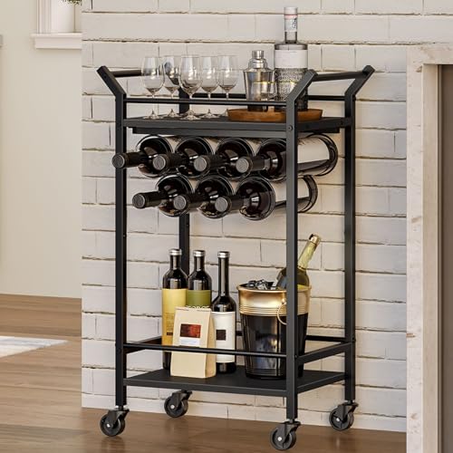 Bar Cart, Home Bar Serving Cart, Kitchen Cart, Small Bar Cart Black with Wine Rack, Beverage Cart, Cocktail Bar Cart for Home Party, Living Room, Kitchen, Rustic Brown and Black BC05BR
