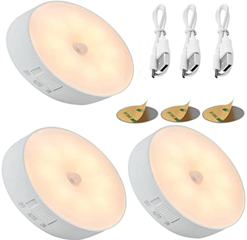 LED Motion Sensor Night Light,3 Pack Rechargeable USB Charging,3 Switch Mode Stick,Magnetic Base Smart,Wireless Wall/Step/Stair Light, Anywhere for Bedroom,Cabinet,Kitchen,Entrance(Warm White) 1