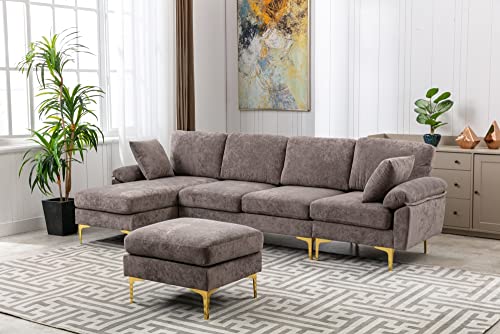 TRIPLE TREE L-Shaped Sectional Sofa with Movable Ottaman,Convertible Corner Couch Upholstered Accent Sofa with Gold Metal Legs,Living Room Sectional Couch for Living Room Bedroom Apartment,Purple
