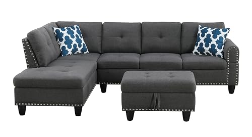 Sofa Sleeper Modern Upholstered L-Shape Reclining Sectional, Extra Wide Chaise Lounge Couch with 2 Cup Holders and Storage,Linen Fabric L Shape for Apartment and Small Space,Dark Gray